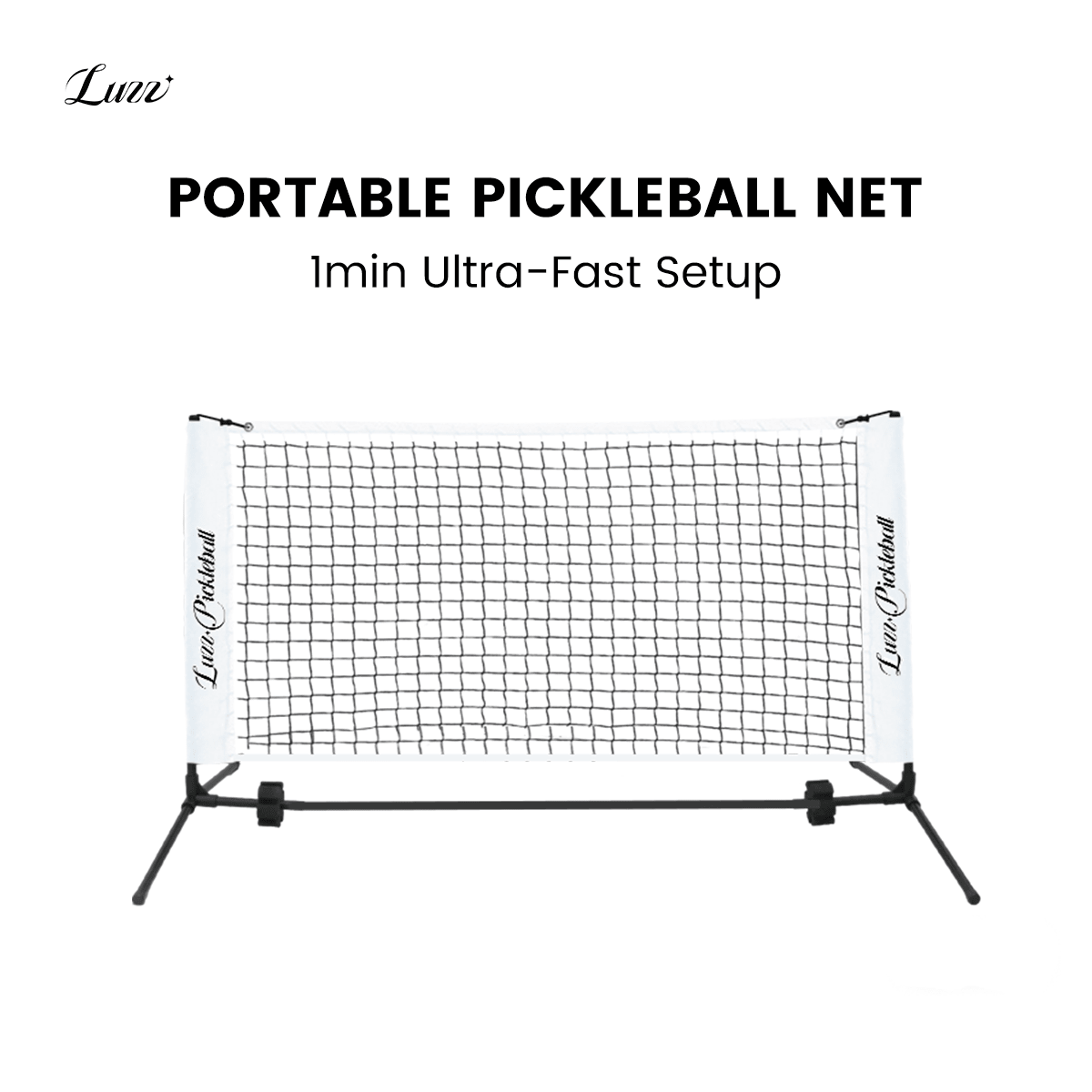 LUZZ Portable Pickleball Net featuring a sleek black-and-white design with quick 1-minute setup