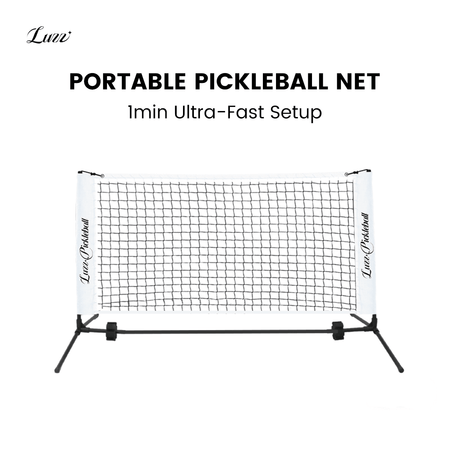 LUZZ Portable Pickleball Net featuring a sleek black-and-white design with quick 1-minute setup