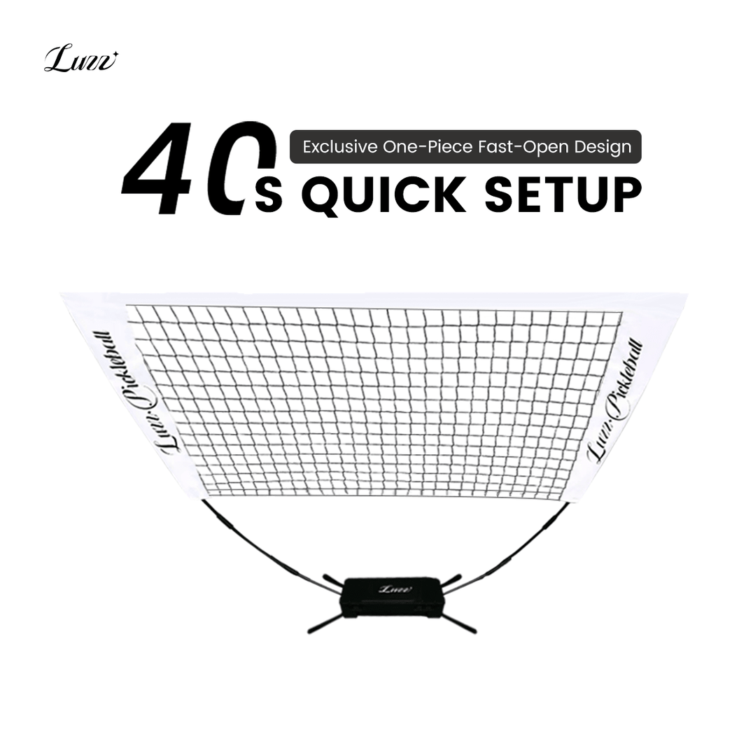 LUZZ Mini Portable Pickleball Training Net featuring an integrated black-and-white quick-open design with setup in just 40 seconds