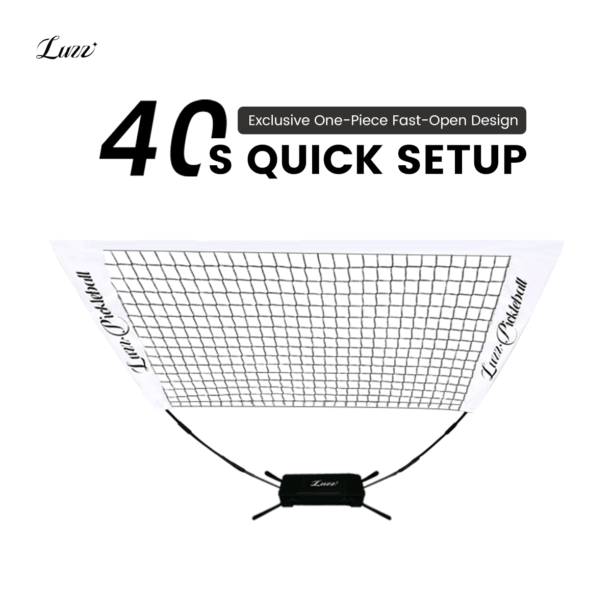 LUZZ Mini Portable Pickleball Training Net featuring an integrated black-and-white quick-open design with setup in just 40 seconds