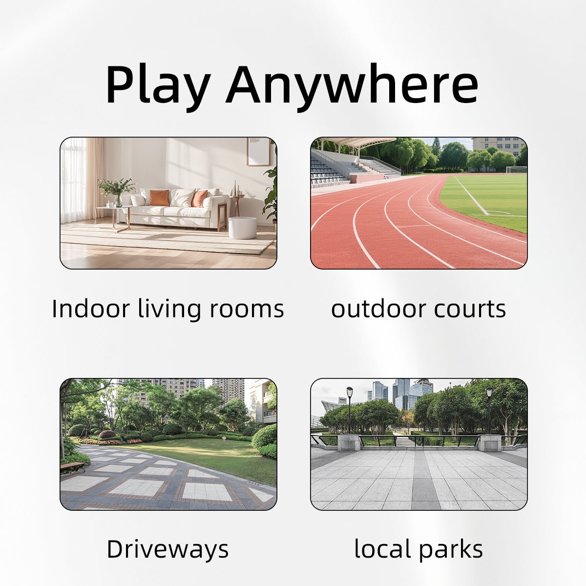 LUZZ Mini Portable Pickleball Training Net in multiple settings, including indoors, on a playground, in a driveway, and at a park