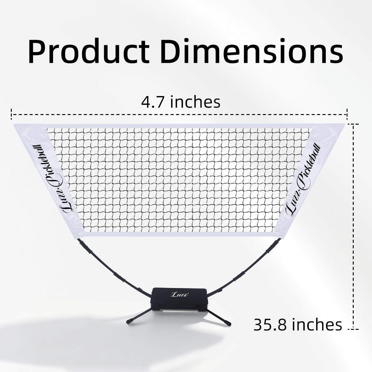 LUZZ Mini Portable Pickleball Training Net dimensions: 4.7-inch top net width and 35.8-inch height from the top of the net to the base