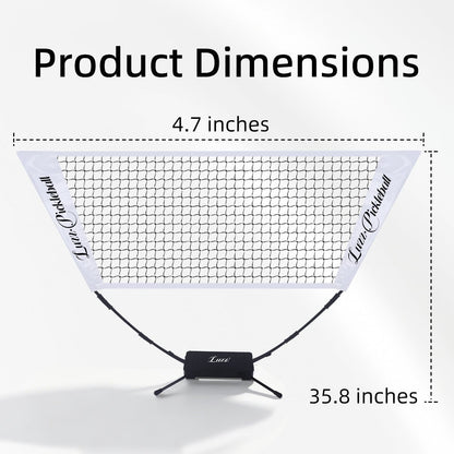 LUZZ Mini Portable Pickleball Training Net dimensions: 4.7-inch top net width and 35.8-inch height from the top of the net to the base