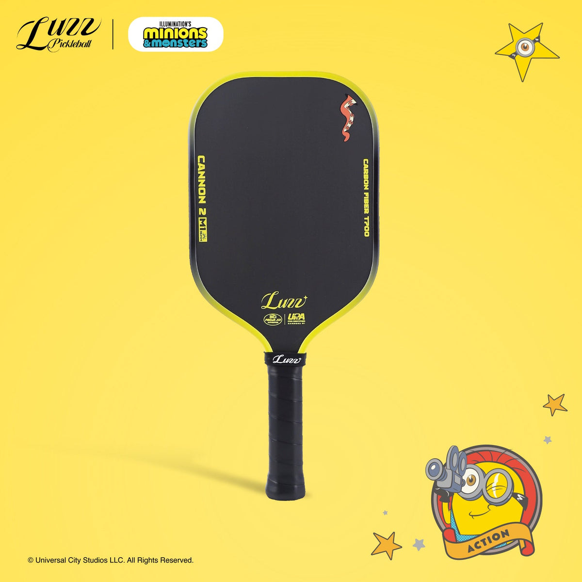 Front view of a pickleball paddle on a yellow background, featuring a yellow LUZZ logo and UPA-A and USAP certification logos