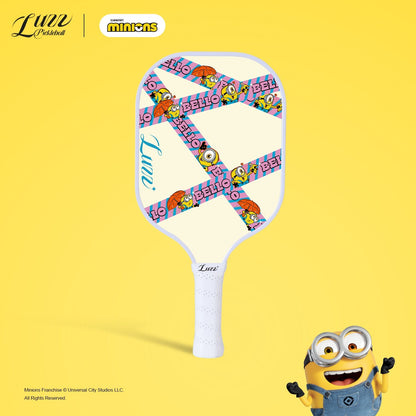 Minions collaboration Carpe Diem pickleball paddle back view featuring a cream yellow paddle face decorated with striped Minions graphics