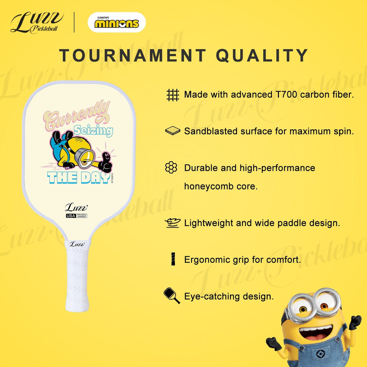 Minions collaboration Carpe Diem pickleball paddle featuring premium construction and durable performance design with T700 carbon fiber, sand-textured surface, honeycomb core, lightweight wide-body shape, and ergonomic grip