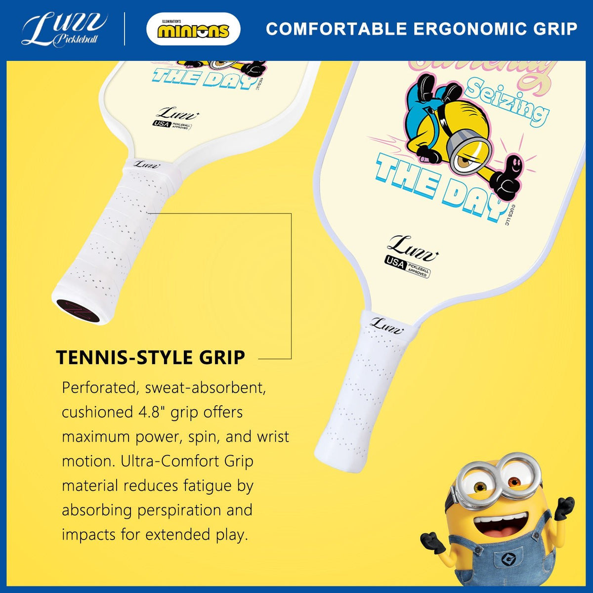Minions collaboration Carpe Diem pickleball paddle handle detail featuring a tennis-style grip