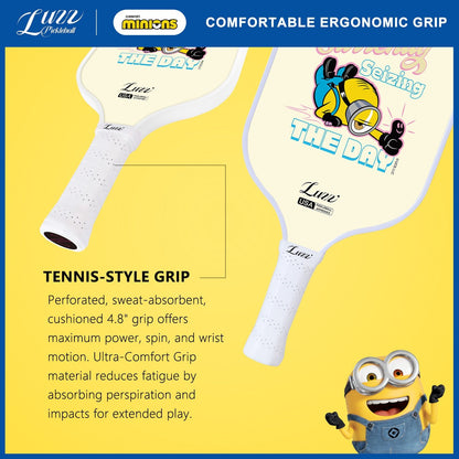 Minions collaboration Carpe Diem pickleball paddle handle detail featuring a tennis-style grip
