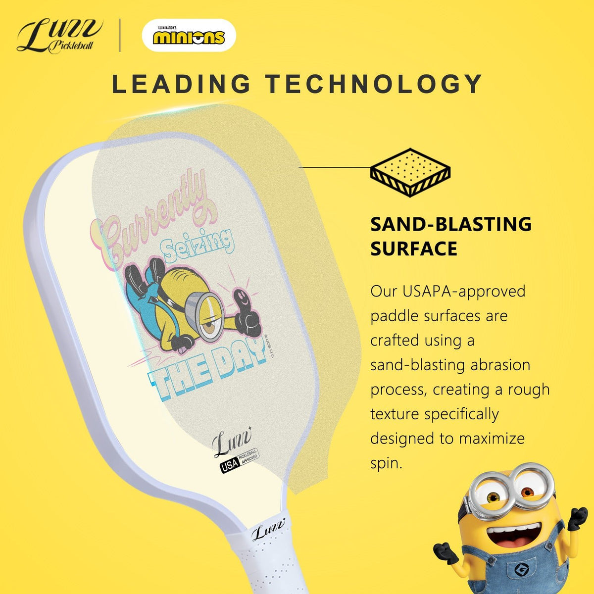 Minions collaboration Carpe Diem pickleball paddle featuring advanced sand-textured surface technology and USAPA-certified rough surface design