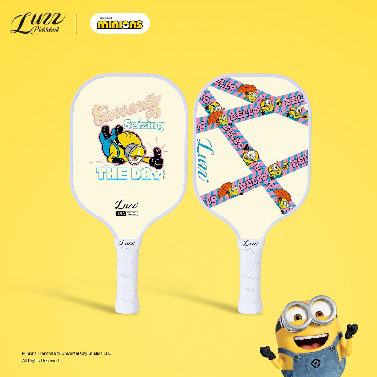 Minions collaboration Carpe Diem pickleball paddle front and back face view