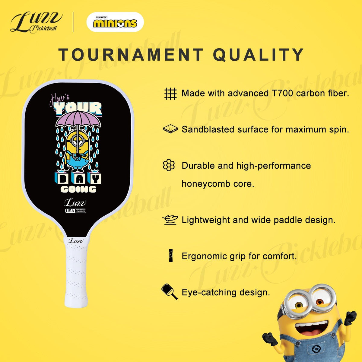 Minions collaboration Thunderstorm pickleball paddle featuring premium construction and durable performance design with T700 carbon fiber, sand-textured surface, honeycomb core, lightweight wide-body shape, and ergonomic grip