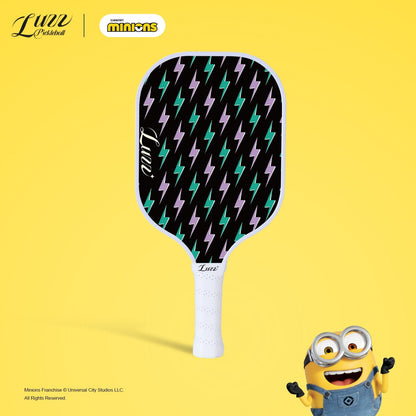 Minions collaboration pickleball paddle back view, featuring purple and green lightning graphics on the paddle face
