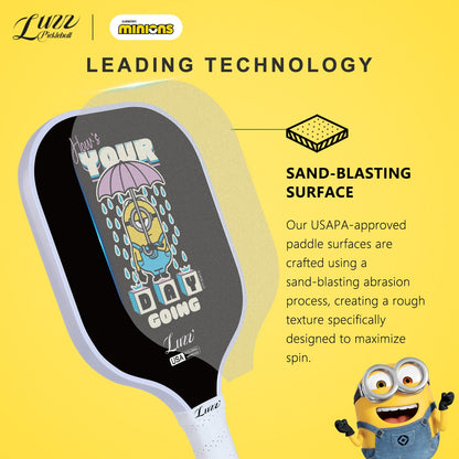 Minions collaboration Thunderstorm pickleball paddle featuring advanced sand-textured surface technology and USAPA-certified rough surface design
