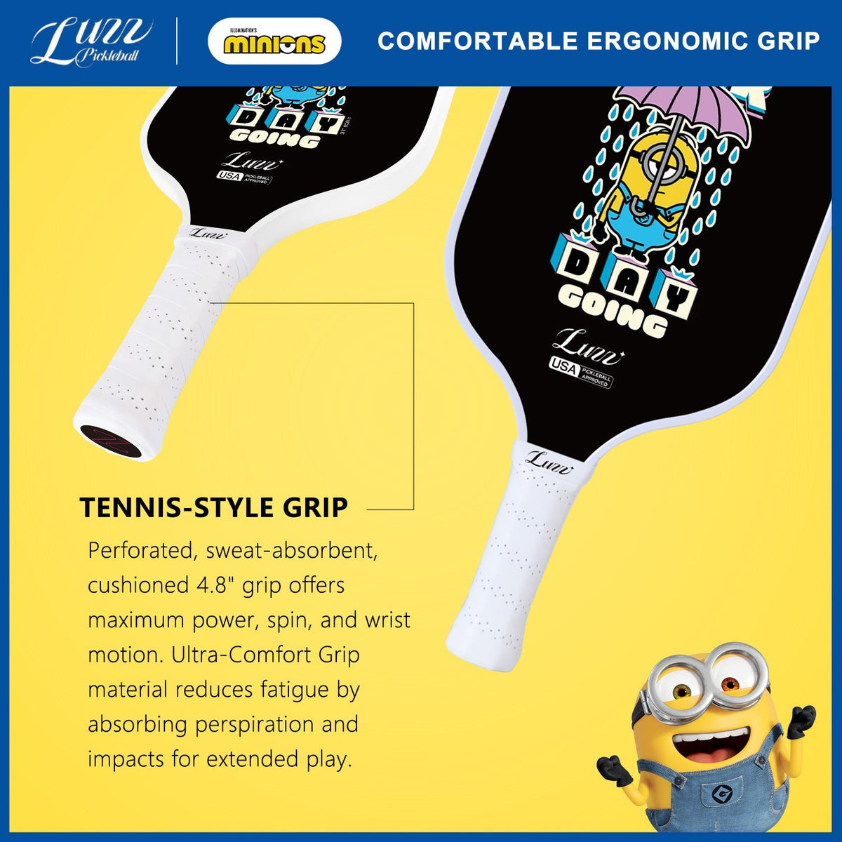Minions collaboration Thunderstorm pickleball paddle handle detail featuring a tennis-style grip