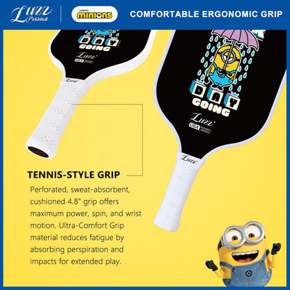 Minions collaboration Thunderstorm pickleball paddle handle detail featuring a tennis-style grip
