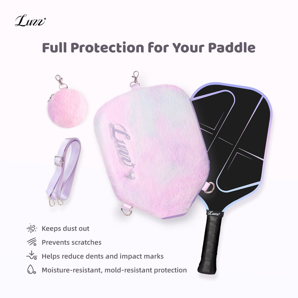 Flat-lay view of the plush mini ball pouch, shoulder straps, and pink-to-purple gradient plush pickleball paddle cover, showcasing dustproof, moisture-resistant, and scratch-resistant protection