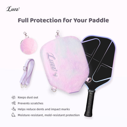 Flat-lay view of the plush mini ball pouch, shoulder straps, and pink-to-purple gradient plush pickleball paddle cover, showcasing dustproof, moisture-resistant, and scratch-resistant protection