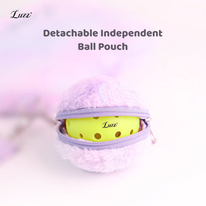 Close-up of the plush mini ball pouch with the zipper open, perfectly sized to hold one pickleball