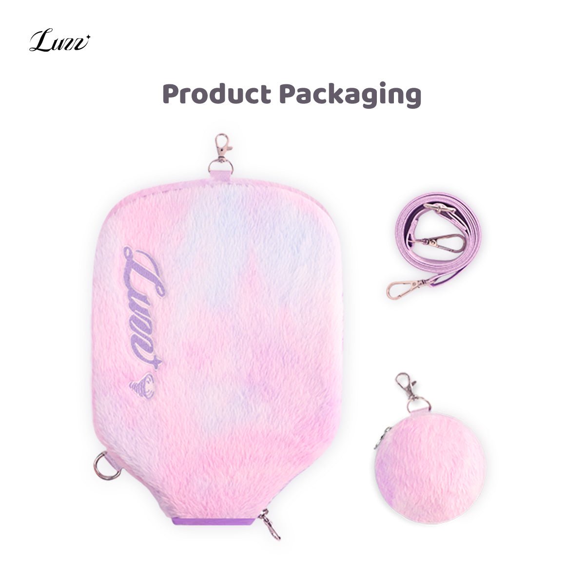 Flat-lay view of the pink-and-purple plush pickleball paddle cover, plush mini ball pouch, and rolled-up shoulder strap