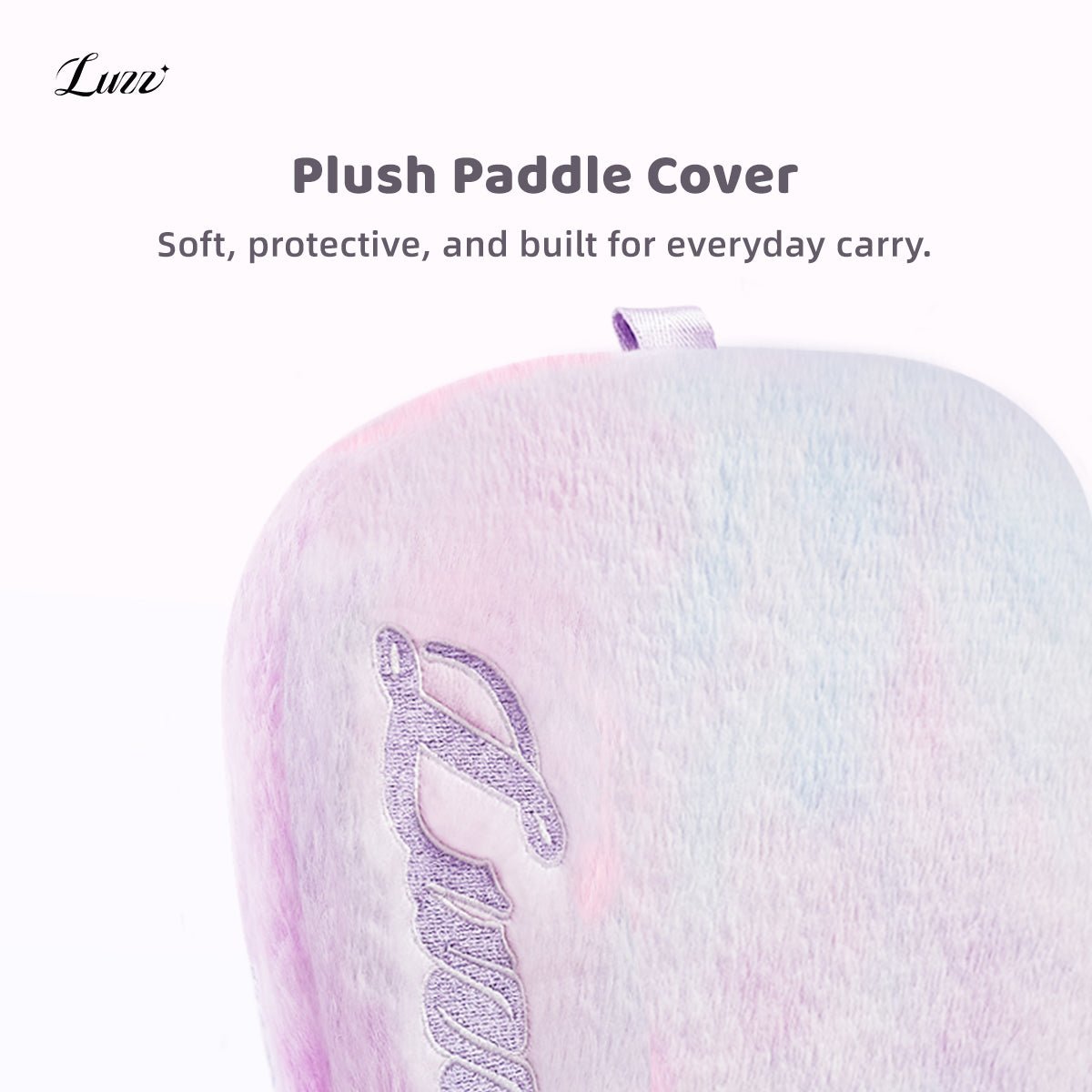 Close-up detail of the pickleball paddle cover, showcasing its fresh pink-and-purple color scheme, soft plush texture, and durable protective design