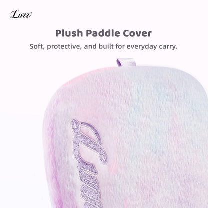 Close-up detail of the pickleball paddle cover, showcasing its fresh pink-and-purple color scheme, soft plush texture, and durable protective design