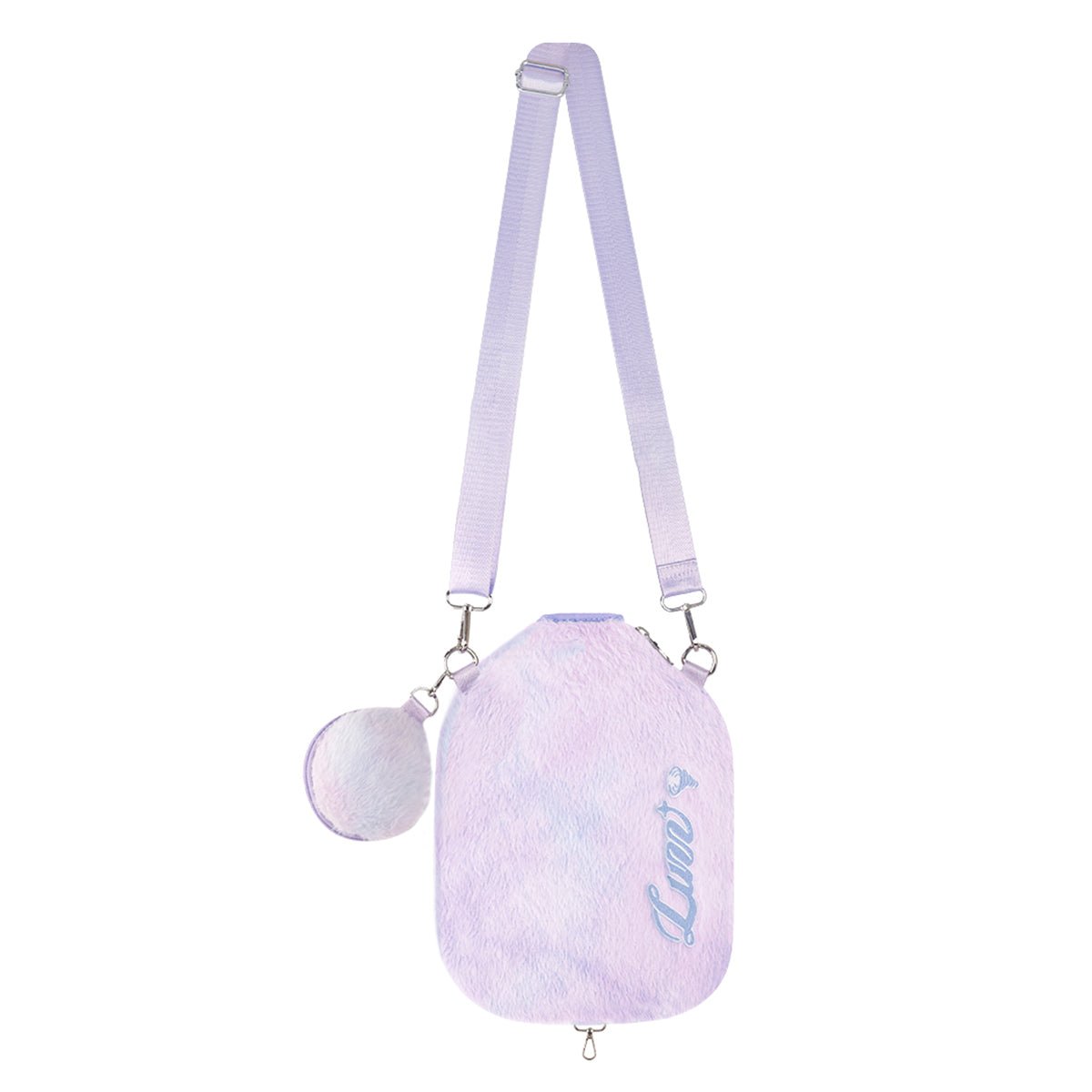 Full view of the plush pickleball paddle cover with the shoulder strap and mini ball pouch attached