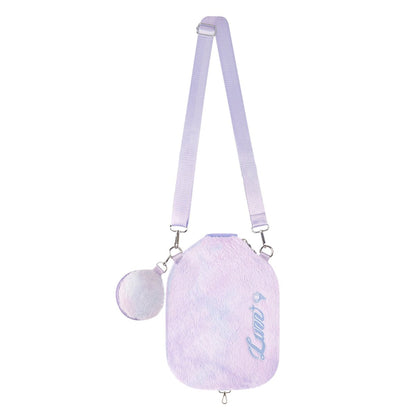 Full view of the plush pickleball paddle cover with the shoulder strap and mini ball pouch attached
