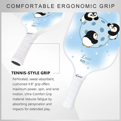 LUZZ Penguin Party Original Paddle handle detail featuring a perforated, sweat-absorbing grip and a thick 4.8-inch handle