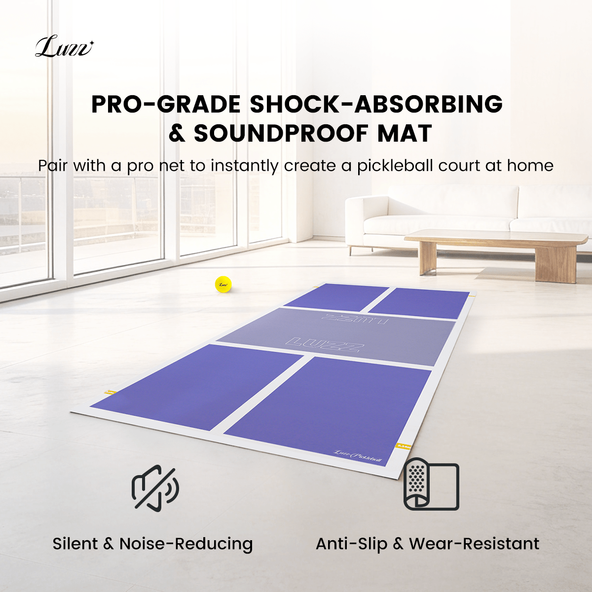 LUZZ non-slip soundproof home floor mat in an indoor setting, featuring a purple main surface with white edges