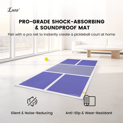LUZZ non-slip soundproof home floor mat in an indoor setting, featuring a purple main surface with white edges