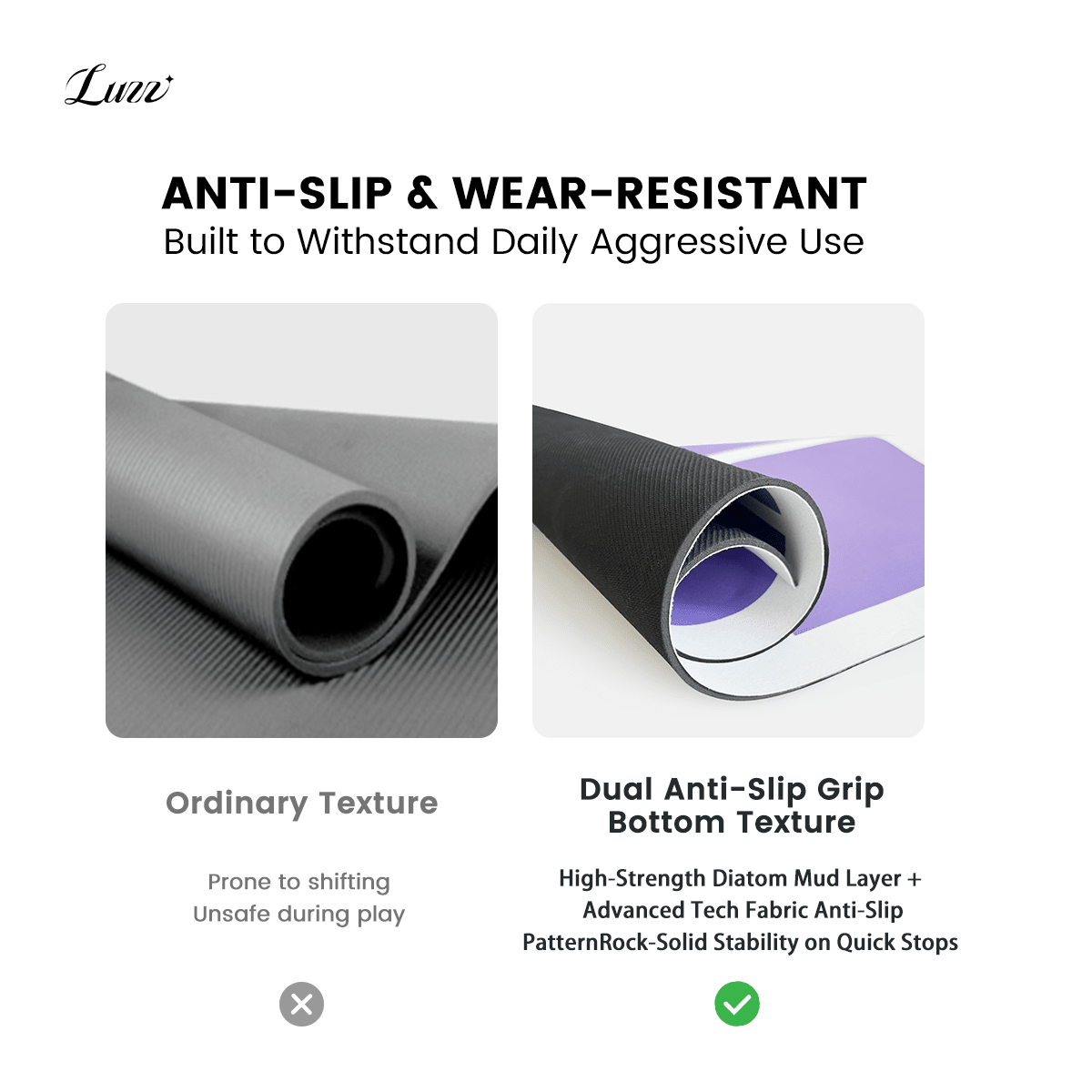 Comparison of the LUZZ floor mat and a standard floor mat, highlighting its high-strength diatomaceous earth layer and advanced non-slip fabric surface for enhanced slip resistance and durability