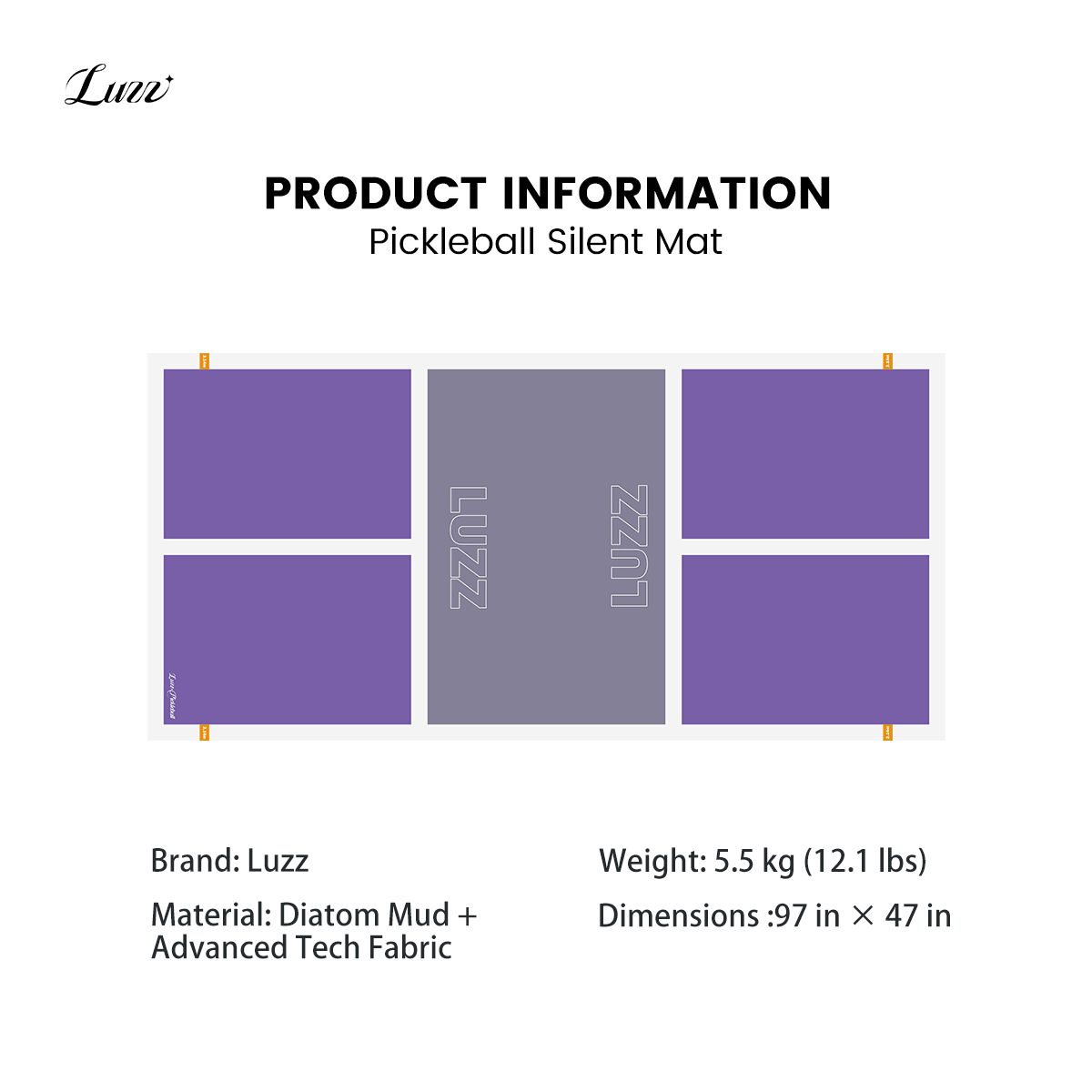 LUZZ soundproof floor mat specifications featuring a diatomaceous earth mud layer and premium tech fabric, weighing 5.5 kg (12.1 lb) and measuring 97 × 47 inches