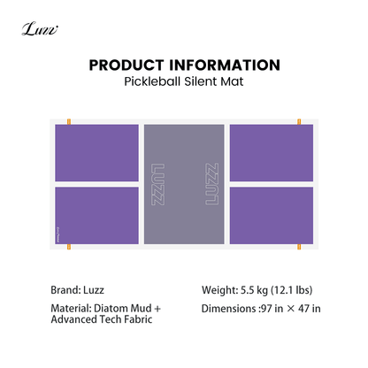 LUZZ soundproof floor mat specifications featuring a diatomaceous earth mud layer and premium tech fabric, weighing 5.5 kg (12.1 lb) and measuring 97 × 47 inches