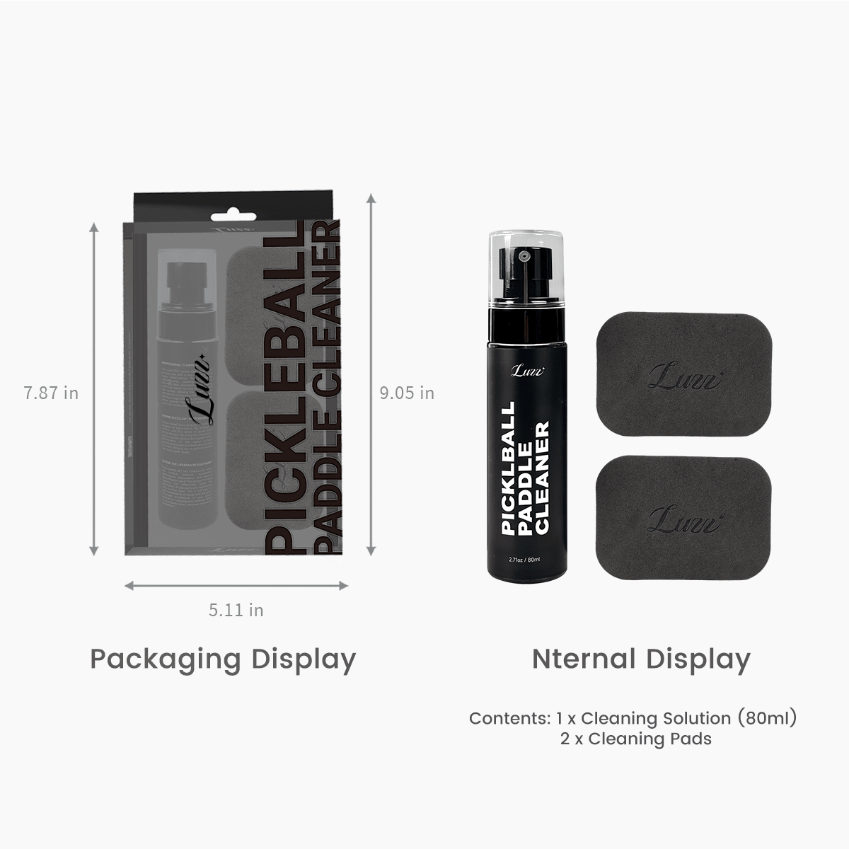 Packaging and product display featuring a 7.87 × 5.11 inch package, including a cleaning spray and two paddle erasers