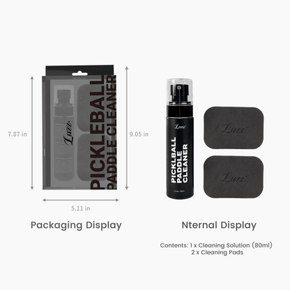 Packaging and product display featuring a 7.87 × 5.11 inch package, including a cleaning spray and two paddle erasers