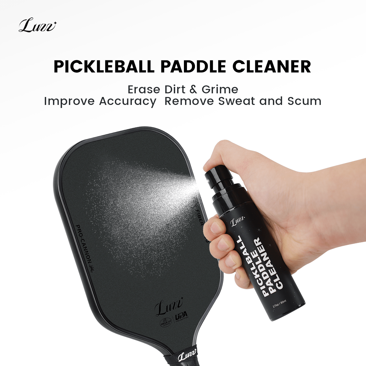 Fine mist cleaning spray with a precision nozzle, designed to remove dirt and oil from paddle surfaces and improve shot accuracy