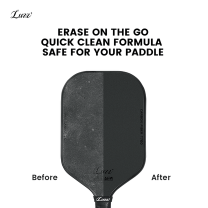 Before-and-after comparison of paddle cleaning with the eraser, showing a cleaner, residue-free surface after use and safe protection for the paddle
