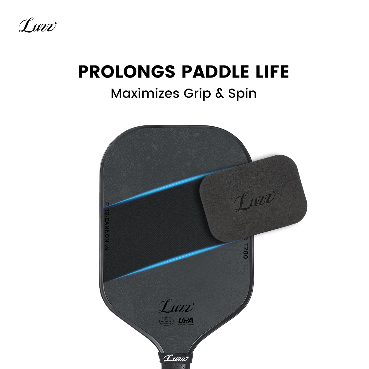 LUZZ paddle eraser featuring an all-black design to enhance grip and spin performance