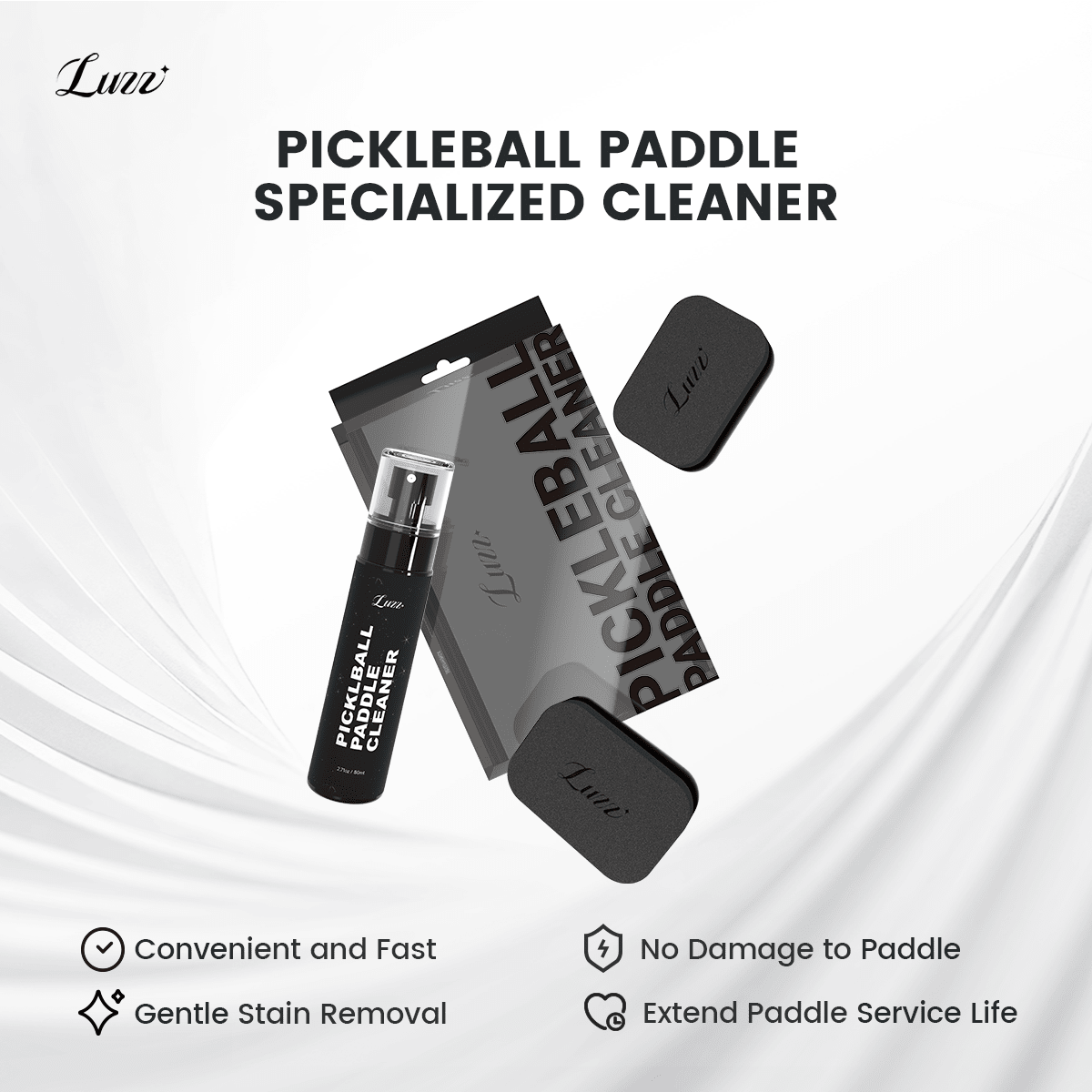 LUZZ Paddle Cleaning Kit featuring a compact black package design with an 80 ml portable spray bottle and two premium cleaning sponges