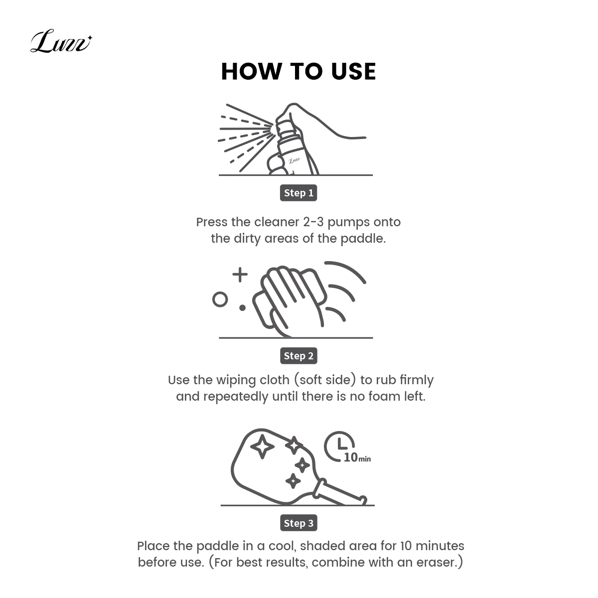Paddle cleaning kit usage steps: press the cleaner 2–3 times and spray onto the dirty area; wipe with a soft cleaning cloth until the foam disappears; place the paddle in a cool, shaded area for 10 minutes before use