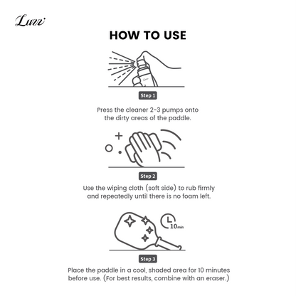 Paddle cleaning kit usage steps: press the cleaner 2–3 times and spray onto the dirty area; wipe with a soft cleaning cloth until the foam disappears; place the paddle in a cool, shaded area for 10 minutes before use