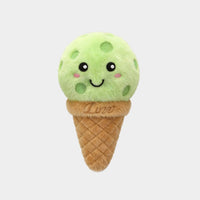 LUZZ Cute Ice Cream Plush Charm featuring a green ice cream scoop, brown cone-shaped base, stitched LUZZ logo, and brown hanging cord