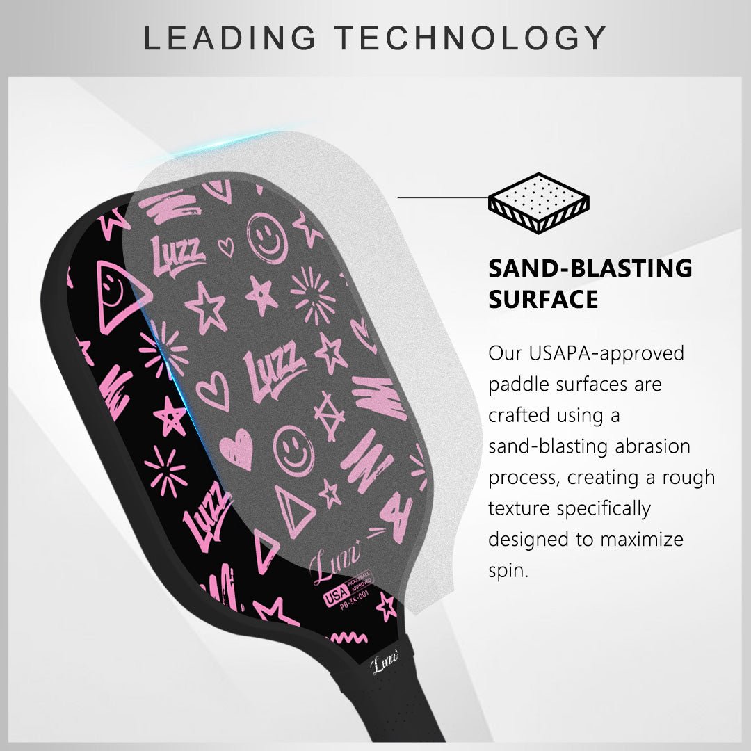 Pickleball paddle face layer detail featuring a USAPA-certified sand-textured surface finish