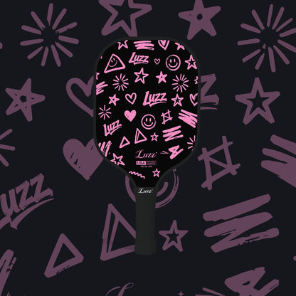 LUZZ Pink Doodle Original Paddle featuring a black paddle face with playful pink doodle graphics and a black handle