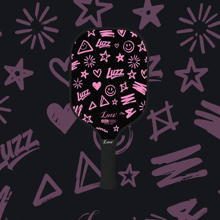 LUZZ Pink Doodle Original Paddle featuring a black paddle face with playful pink doodle graphics and a black handle