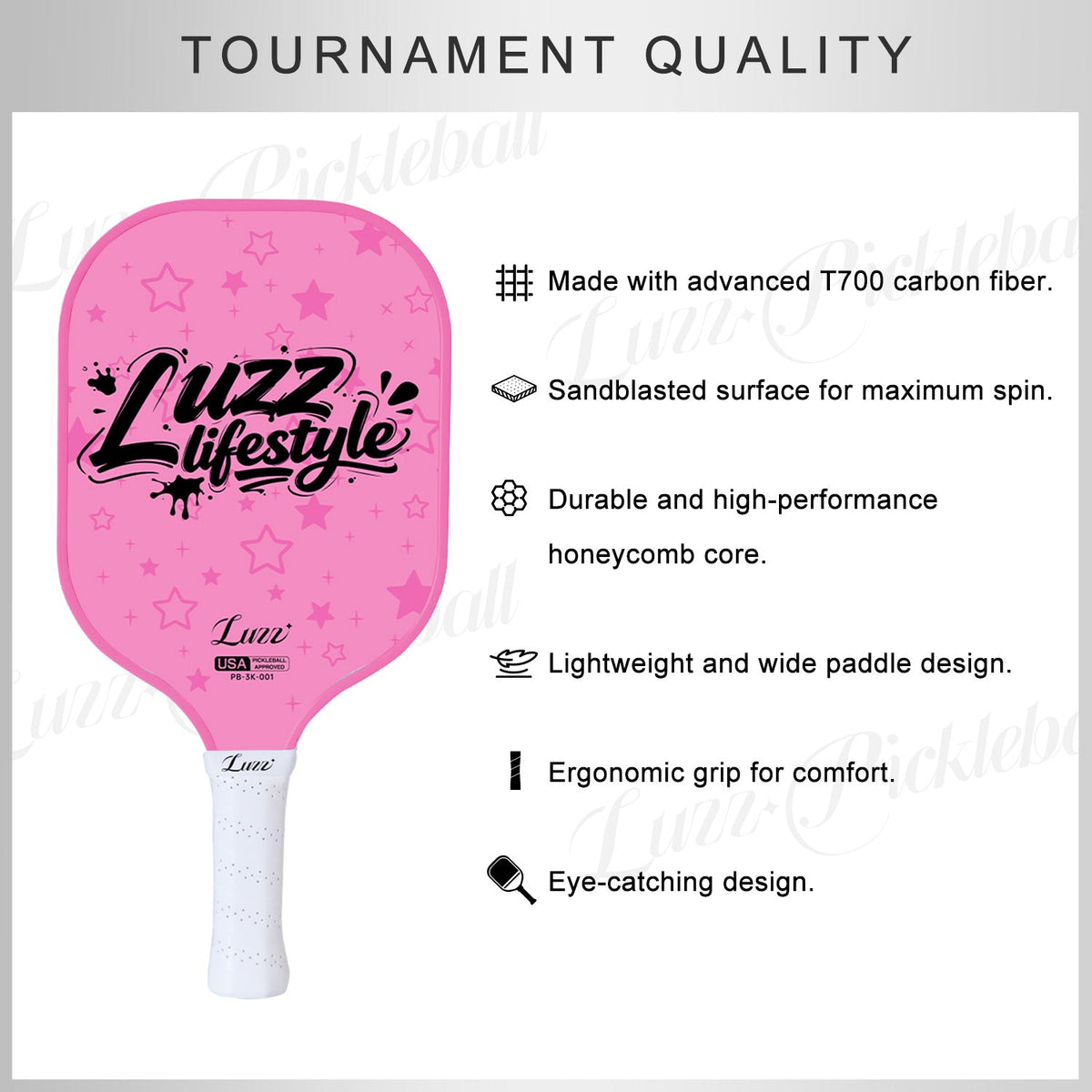 LUZZ Pink Stardust Original Paddle featuring premium T700 carbon fiber, a sand-textured surface, and a durable honeycomb core