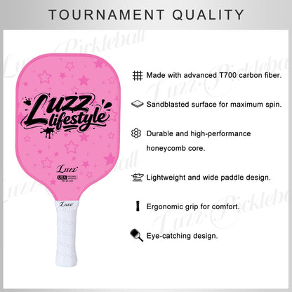 LUZZ Pink Stardust Original Paddle featuring premium T700 carbon fiber, a sand-textured surface, and a durable honeycomb core