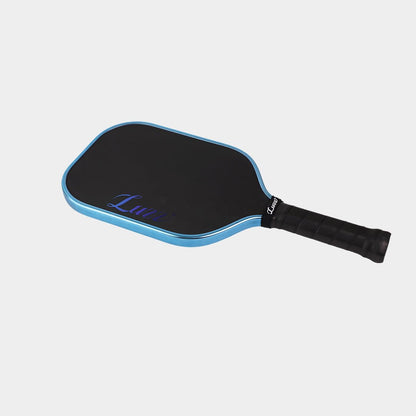 Paddle lying flat, logo side up, featuring a black face with a blue Luzz logo.