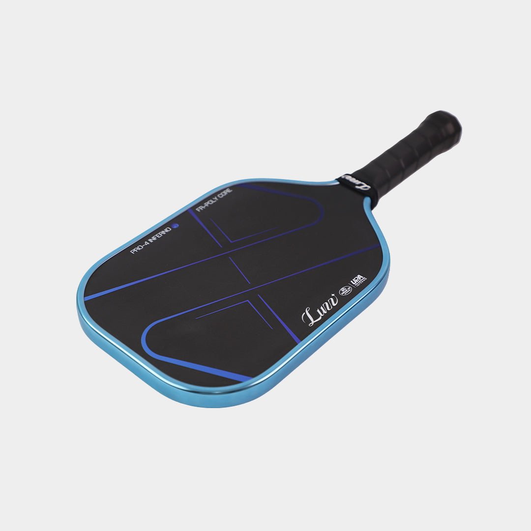 Paddle lying flat with the head facing forward, featuring a black face with blue lines and a metallic blue edge.