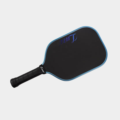 Paddle angled with the back facing forward, featuring a solid black face with a blue Luzz logo.